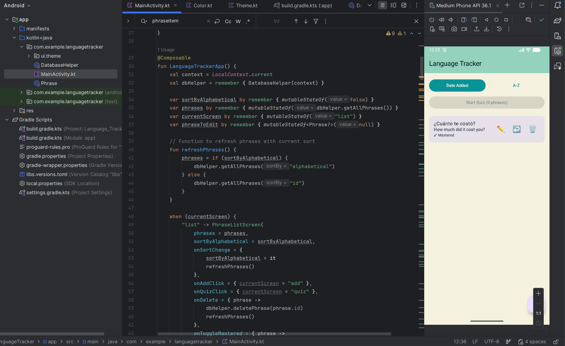 A screenshot of the main page of a language tracker app, alongside andriod studio code